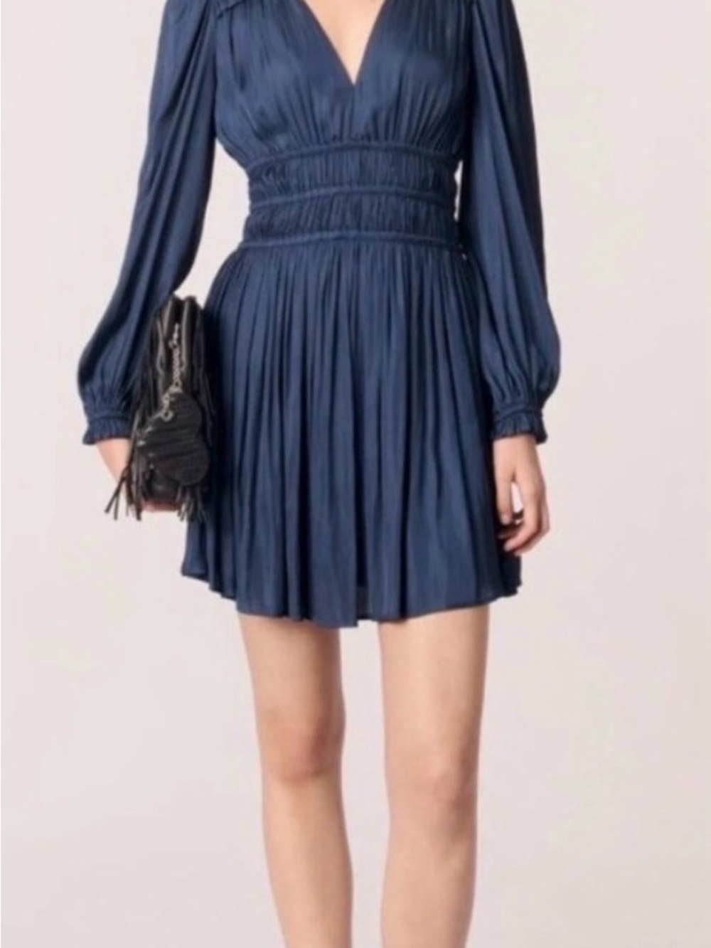 Maje Navy Long-Sleeve V-Neck Mini Dress